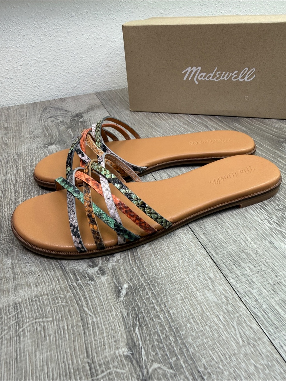 Madewell Tan Footbed Multicolor Snake-Print Strappy Slides - Picture 2 of 6